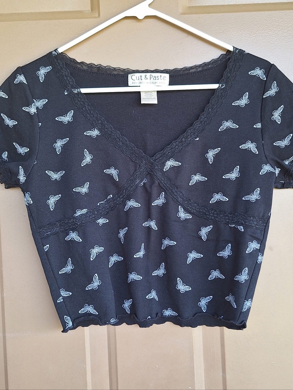 Cut & Paste Medium Babydoll AOP Butterfly Print Crop Top Lace Whimsigoth Y2K